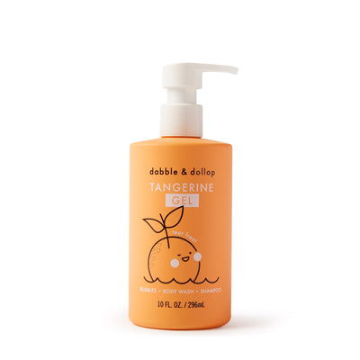 A cheerful orange pump bottle of Dabble & Dollop Tangerine Bubble Bath, Body Wash & Shampoo features a smiling tangerine. This tear-free 10 oz. citrus formula is perfect for kids.