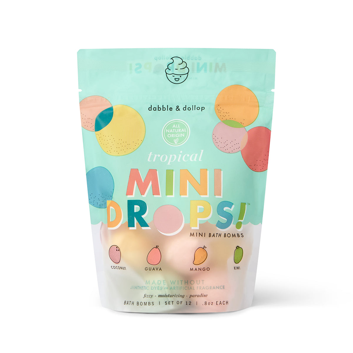 A vibrant, resealable pouch labeled “Dabble & Dollop Tropical Mini Bath Bombs” features pastel circles, fruit art, and highlights coconut, guava, mango, and kiwi scents made with natural ingredients for kids' baths.