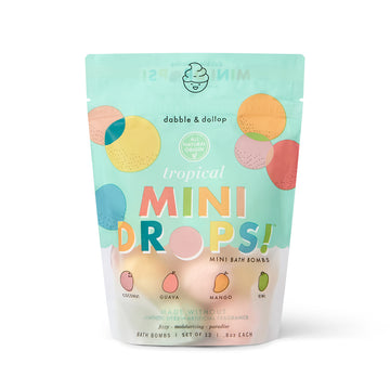 A vibrant, resealable pouch labeled “Dabble & Dollop Tropical Mini Bath Bombs” features pastel circles, fruit art, and highlights coconut, guava, mango, and kiwi scents made with natural ingredients for kids' baths.