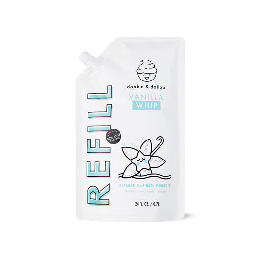 Dabble & Dollops Vanilla Refill features a playful flower and smiling face graphic on an eco-friendly pouch. It contains 24 fl oz of mixable 3-in-1 bath product for bubbles, body wash, and shampoo against a white background.