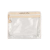 A clear, rectangular zippered pouch with a beige zipper and round pull tab, labeled Dabble & Dollop. Ideal for storing the Infant Bundle from Dabble & Dollop. Pouch shown against a plain white background.