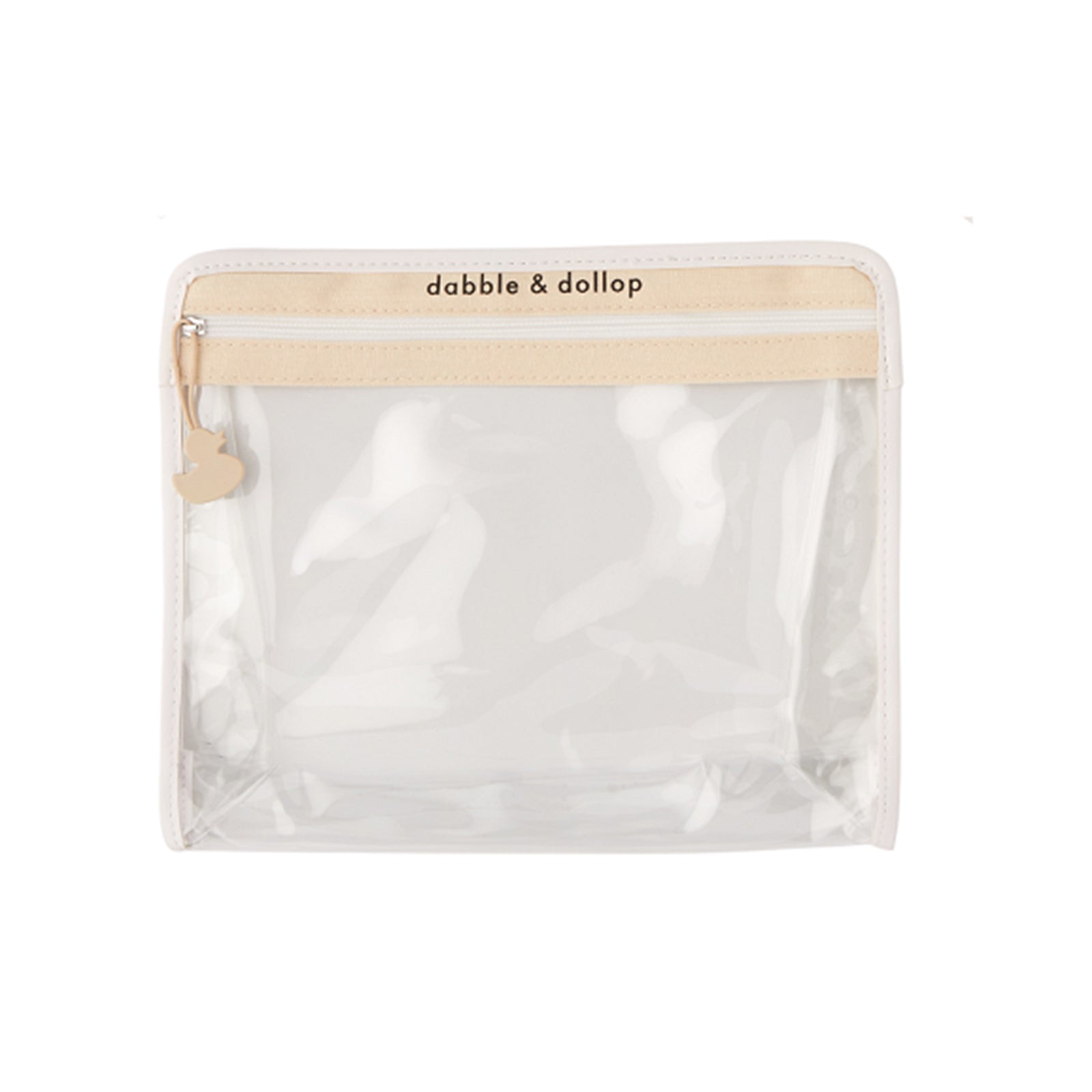 A clear, rectangular zippered pouch with a beige zipper and round pull tab, labeled Dabble & Dollop. Ideal for storing the Infant Bundle from Dabble & Dollop. Pouch shown against a plain white background.
