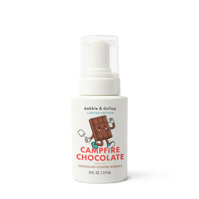 A white bottle labeled Dabble & Dollop Foaming Wash & Bubble Bath with a cartoon chocolate bar illustration and a pump top, featuring an 8 fl oz size and chocolate scent.