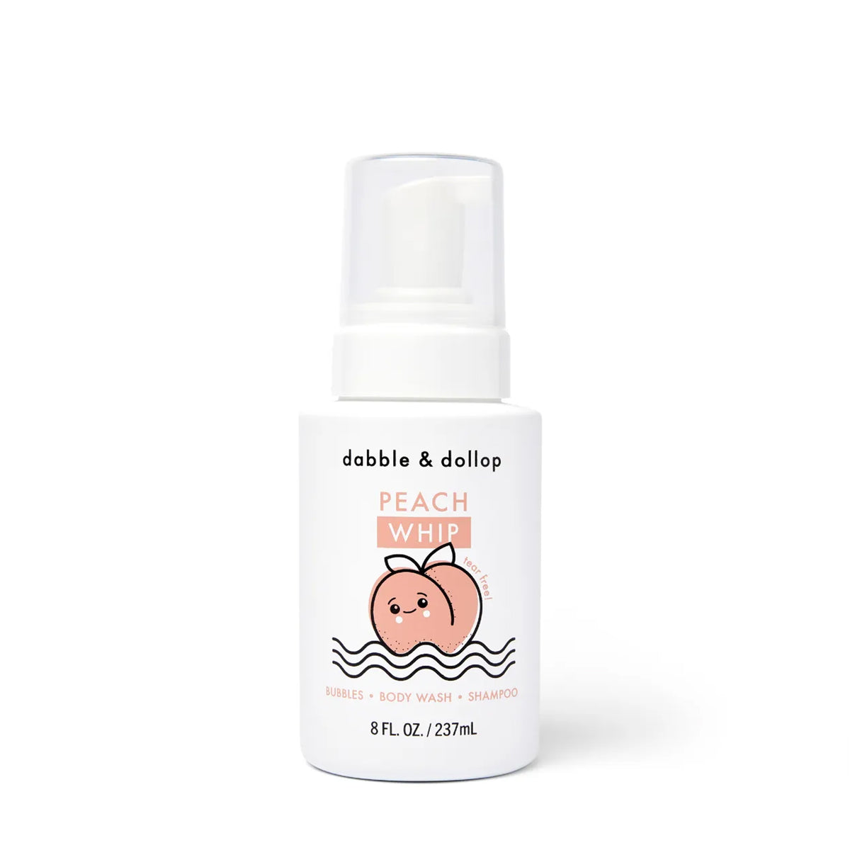 A white bottle of Dabble & Dollop Foaming Wash & Bubble Bath, 8 fl. oz., featuring a cute peach illustration with a smiling face and leaves on top.