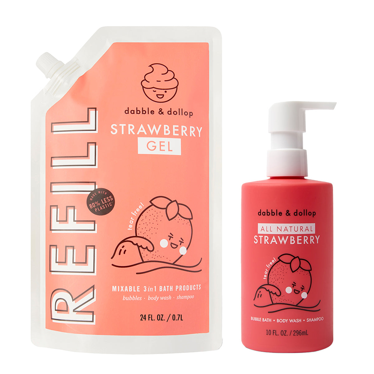 Dabble & Dollop's Strawberry Refill includes a large coral pink pouch with a spout, plus a smaller pump bottle. Both feature an illustrated strawberry character and playful white text—ideal for bubble bath or body wash.