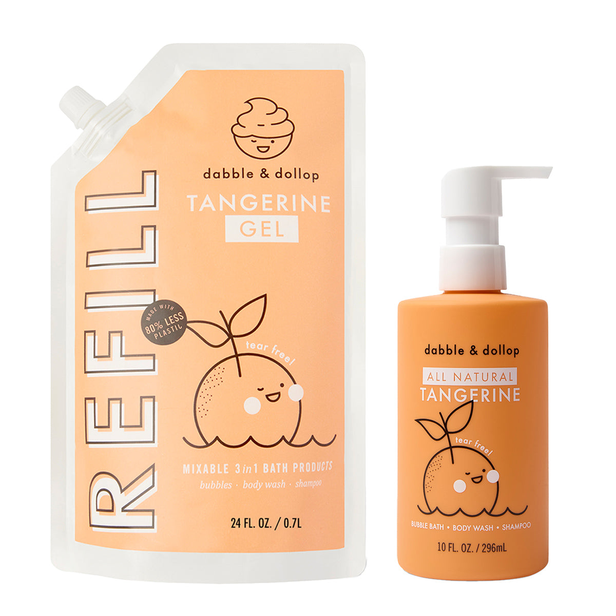 Two orange Dabble & Dollop Tangerine Refill containers—a pump bottle and a spouted pouch—feature a smiling orange cartoon and text showcasing these eco-friendly, mixable 3-in-1 shampoo and bath products.