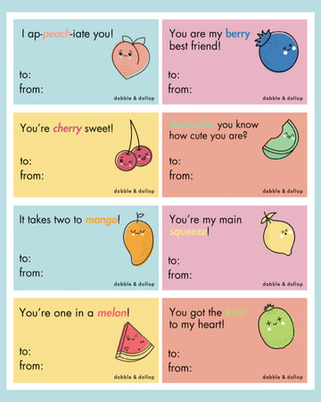 Set of cute fruit-themed valentine cards with text and illustrations.