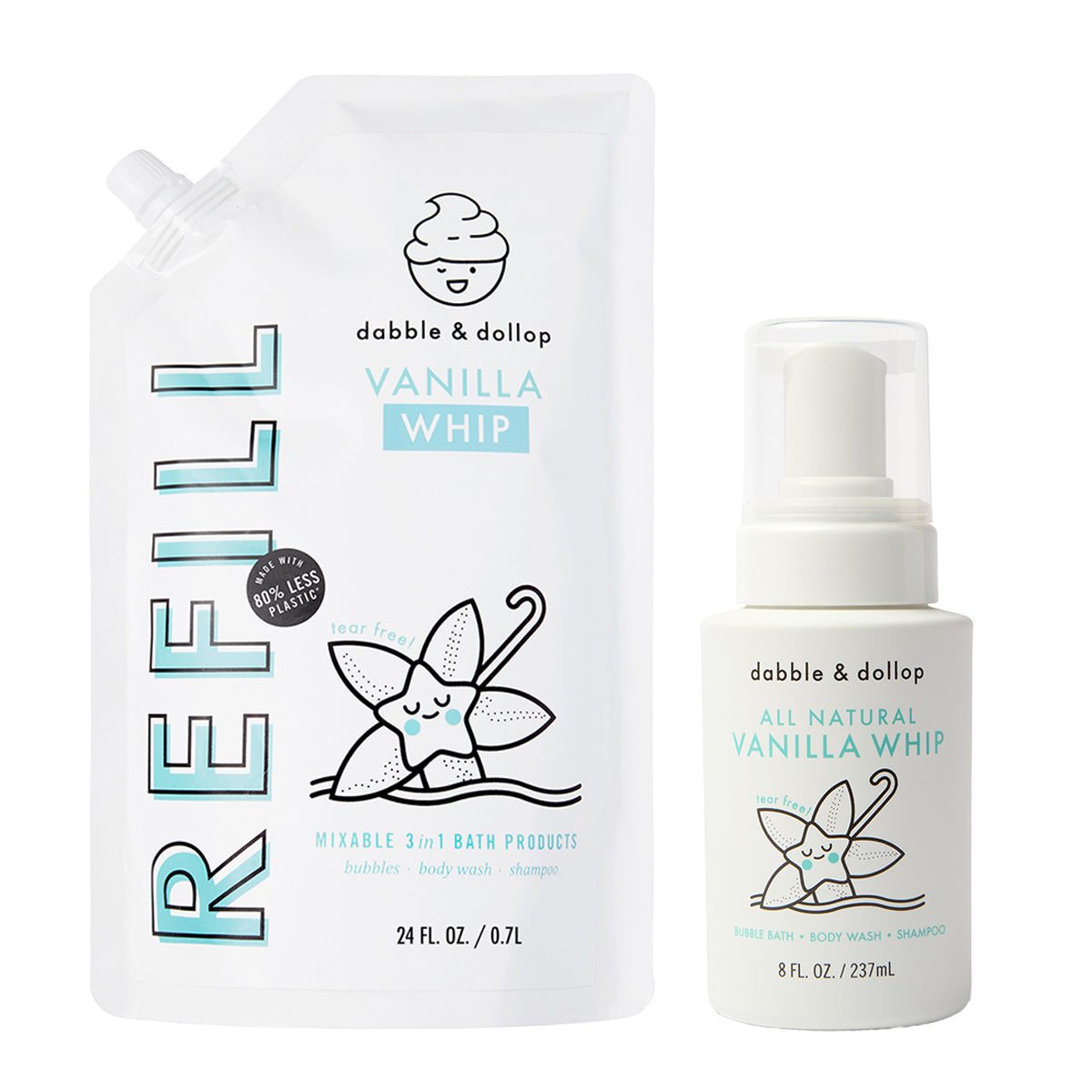 Dabble & Dollop Vanilla Refill pouch, featuring a smiling vanilla swirl cartoon, and white pump bottle. Both are 3-in-1 foam bath products for sensitive skin, displayed upright on a white background.